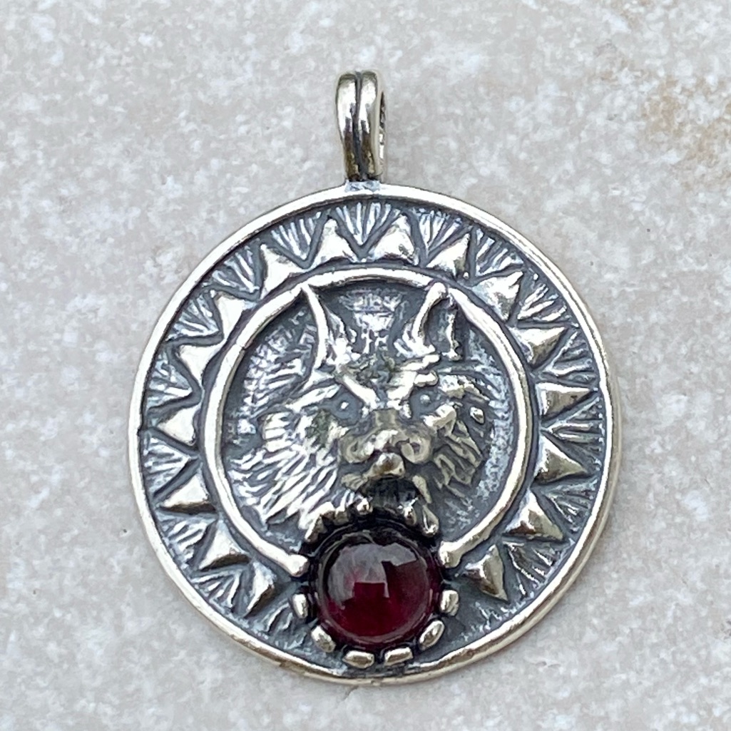 Sun Wolf Pendant .925 Sterling Silver W/ Genuine Garnet Gem Made In Usa